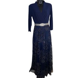 Leslie Fay Navy Blue Floral Silver Sequin Dress